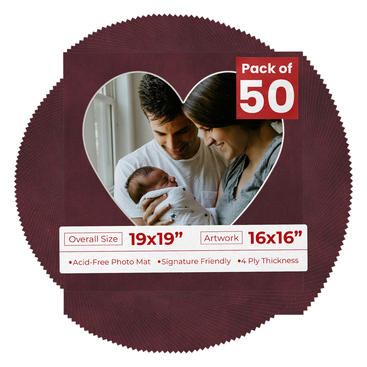 Dark Red Suede Mat Board for 19x19 Frames - Heart Opening for 16x16 Photos